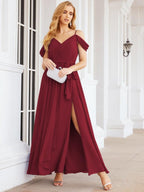 Numbersea Off The Shoulder Chiffon Bridesmaid Dress Long Formal Graduation Gown with Cowl Back 28069-numbersea