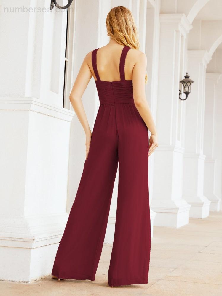 Numbersea Crisscross Neck Jumpsuit Formal Evening Dress Long Bridesmaid Dresses Bell-bottomed Pants 28033-numbersea