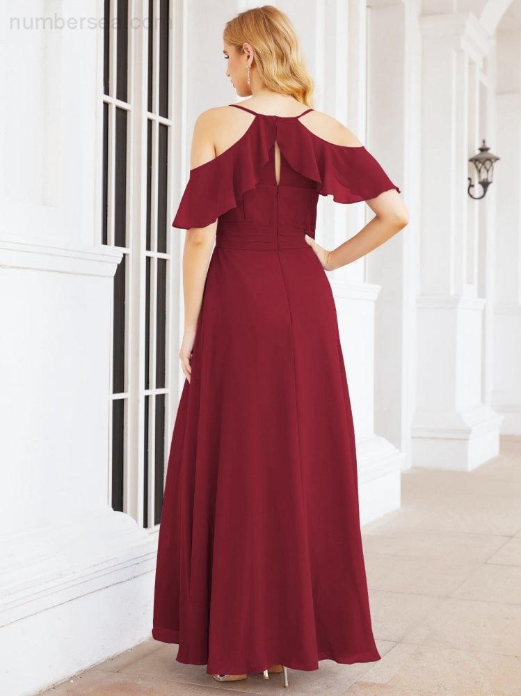 Numbersea Cold Shoulder Long Bridesmaid Dresses Side Slit Formal Prom Gowns Party Wedding 28070-numbersea
