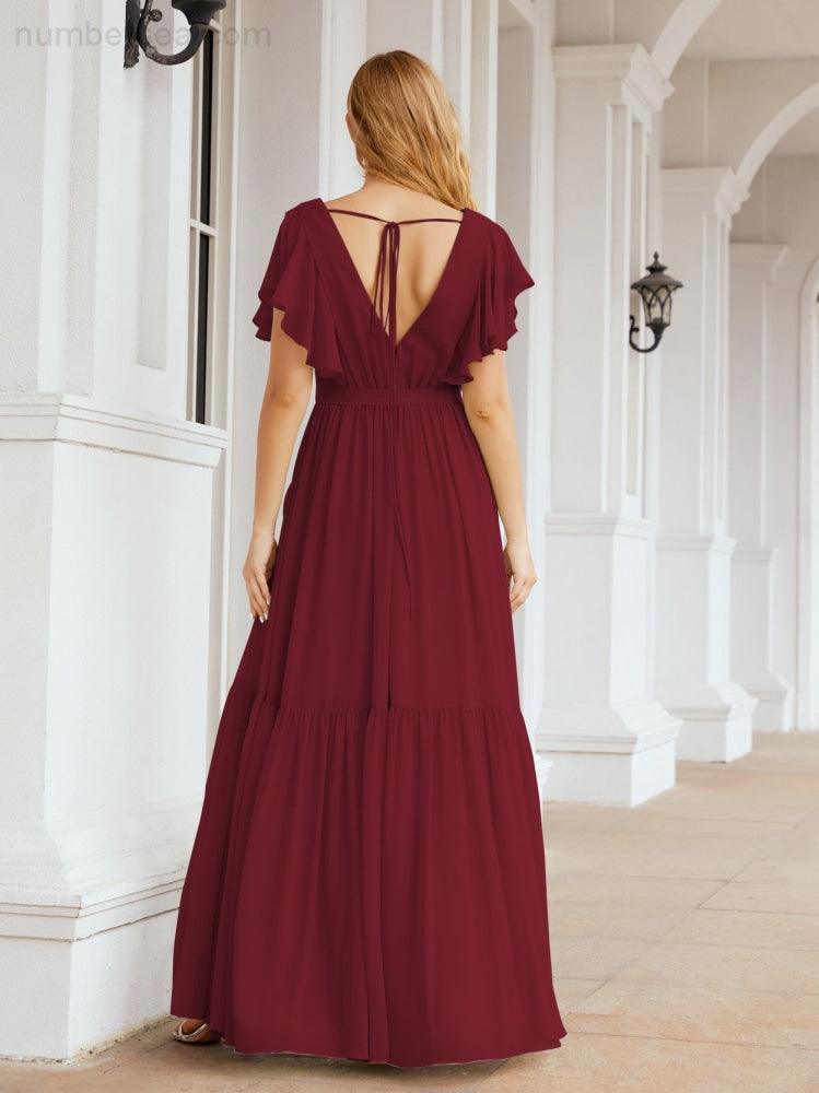 Numbersea Women's Open Back Formal Evening Party Prom Gowns V-Neck Long Chiffon Bridesmaid Dresses with Waist Belt 28038-numbersea