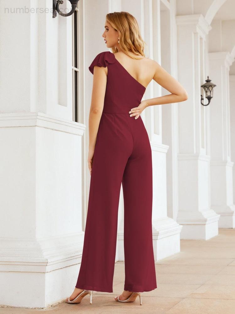Numbersea Womens One Shoulder Chiffon Long Jumpsuit Formal Evening Dress Bridesmaid Dresses Pants