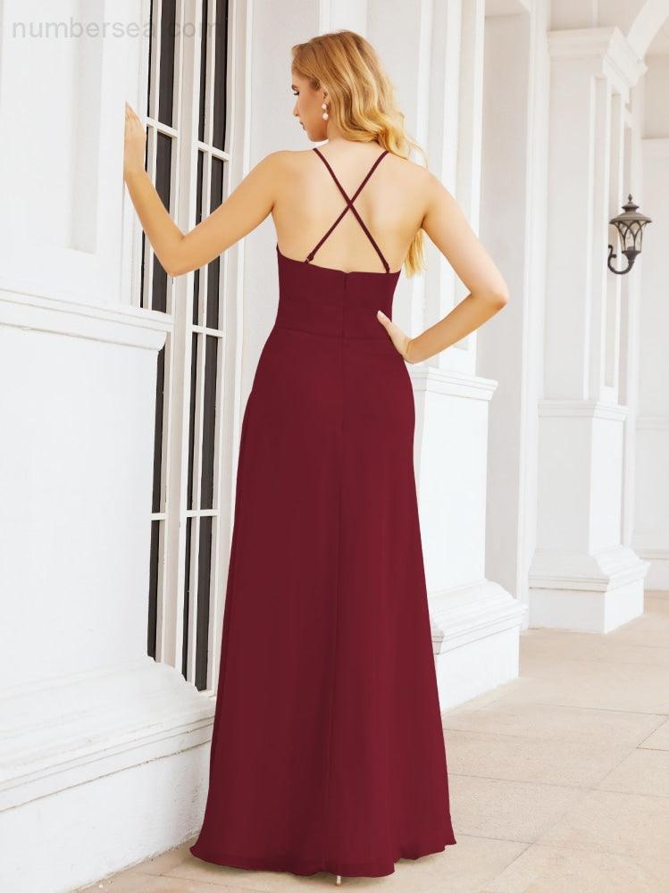 Numbersea Halter Bridesmaid Dresses with Pockets Sleeveless Formal Evening Party Prom Gowns 28055-numbersea