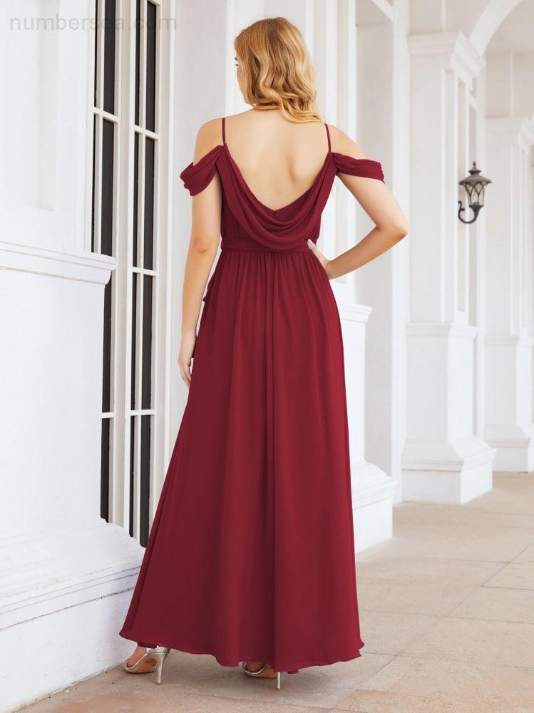 Numbersea Off The Shoulder Chiffon Bridesmaid Dress Long Formal Graduation Gown with Cowl Back 28069-numbersea