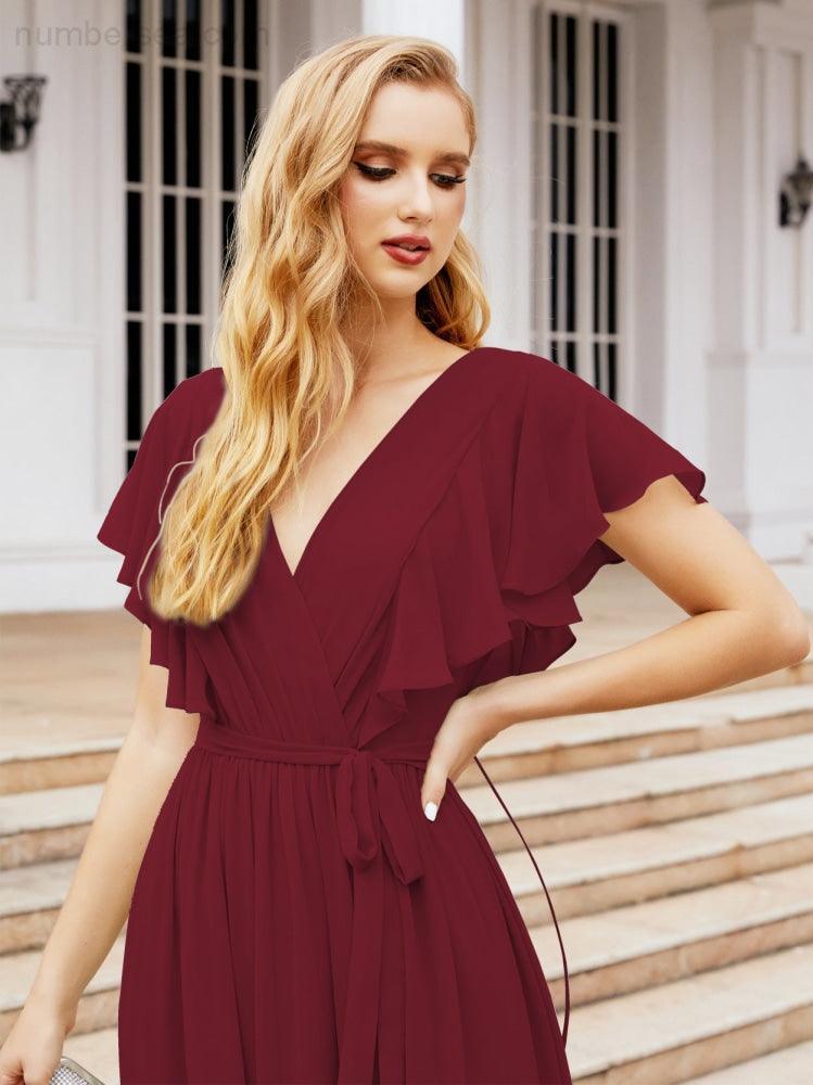 Numbersea Women's Open Back Formal Evening Party Prom Gowns V-Neck Long Chiffon Bridesmaid Dresses with Waist Belt 28038-numbersea