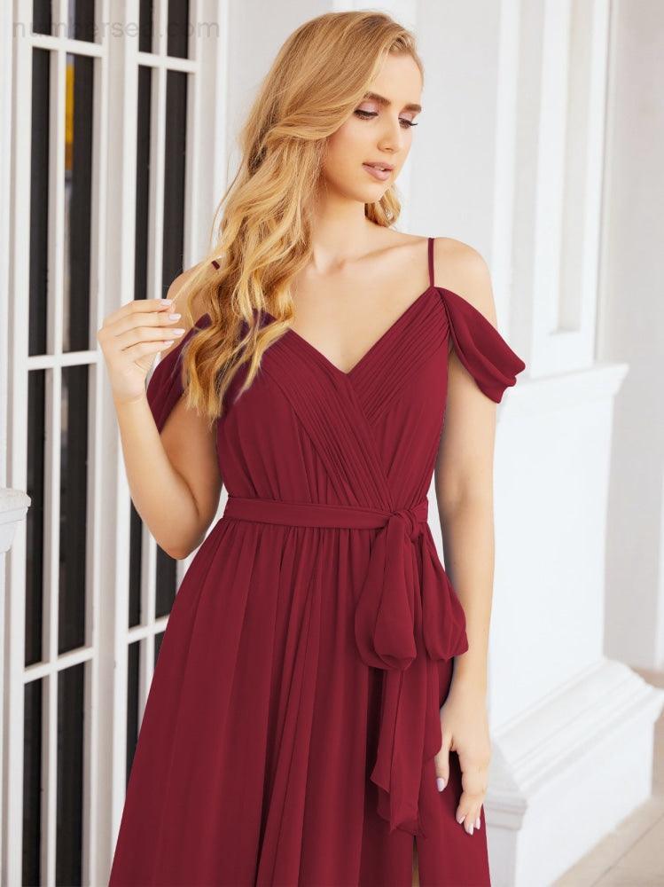 Numbersea Off The Shoulder Chiffon Bridesmaid Dress Long Formal Graduation Gown with Cowl Back 28069-numbersea