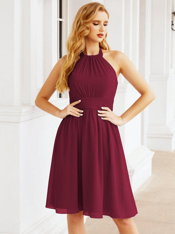 Numbersea Halter Chiffon Vestidos de dama de honor Cortos Sin mangas Vestido de fiesta formal Espalda abierta 28023 