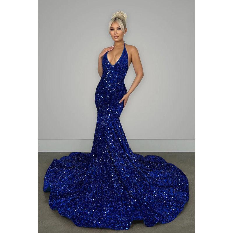 Vestido de noche largo de sirena con escote en V, espalda descubierta, lentejuelas y cola larga