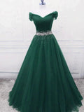 Wunderschönes dunkelgrünes, schulterfreies, langes Partykleid aus Tüll, Ballkleid