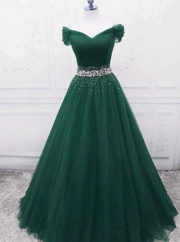 Wunderschönes dunkelgrünes, schulterfreies, langes Partykleid aus Tüll, Ballkleid