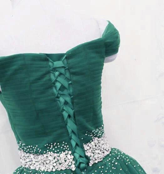 Wunderschönes dunkelgrünes, schulterfreies, langes Partykleid aus Tüll, Ballkleid