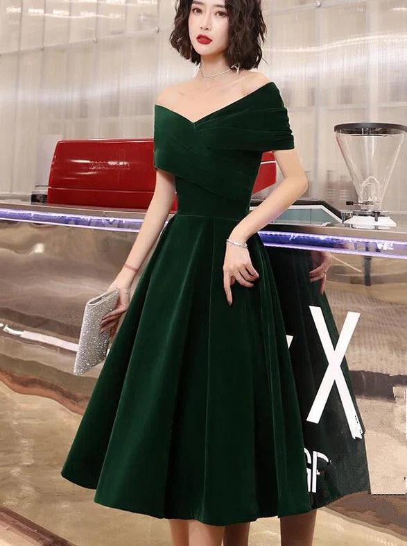 Grünes Samt Off Shoulder Vintage Stil Brautjungfernkleid, Teelanges Partykleid