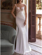 Vestidos de novia, vestido de fiesta, hombros descubiertos, escote en V, pliegues, sin mangas, cola capilla, vestidos de novia de satén