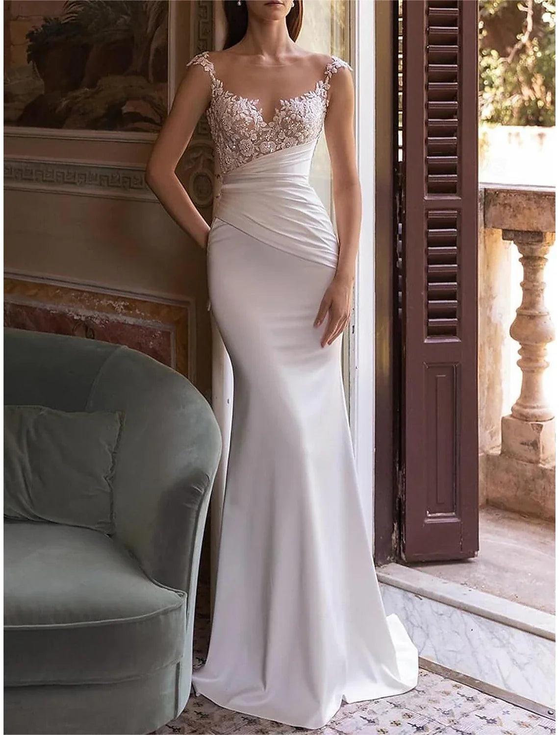 Vestidos de novia, vestido de fiesta, hombros descubiertos, escote en V, pliegues, sin mangas, cola capilla, vestidos de novia de satén