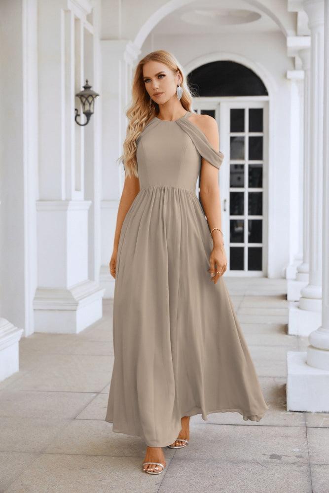 Ladies Chiffon Off Shoulder Swing Sleeve Front Slit Bridesmaid Evening Dress Wedding Party Evening Dress 28117-numbersea