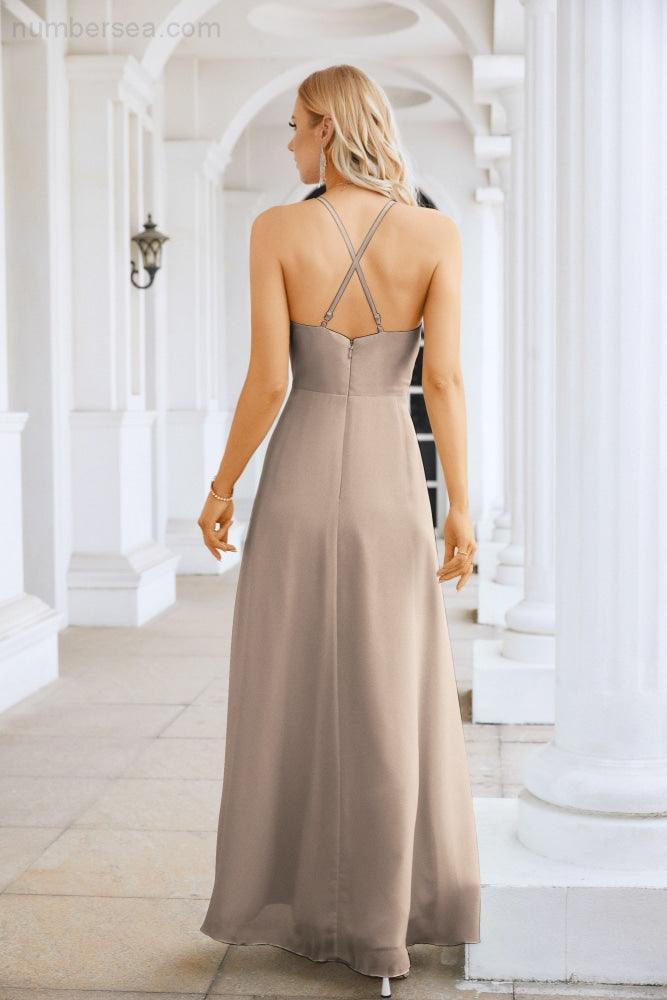Ladies Chiffon Spaghetti Strap V Neck Front Slit Floor Length Bridesmaid Evening Dress Prom Party Wedding Evening Dress 28116-numbersea