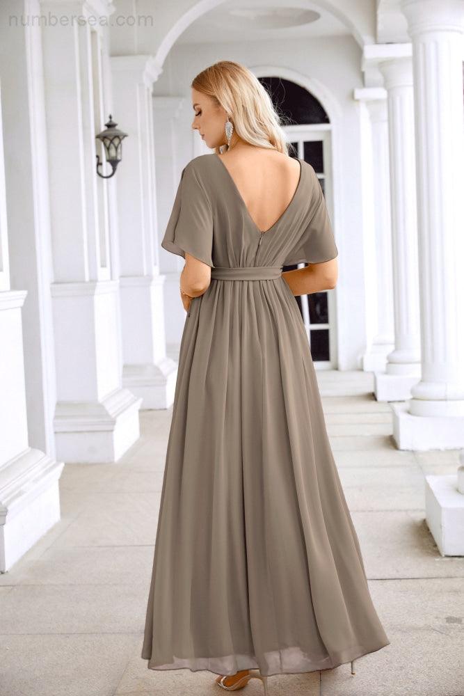 Ladies Chiffon Sleeve Crew Neck Front Slit Floor Length Bridesmaid Evening Dress Wedding Party Evening Dress 28124-numbersea