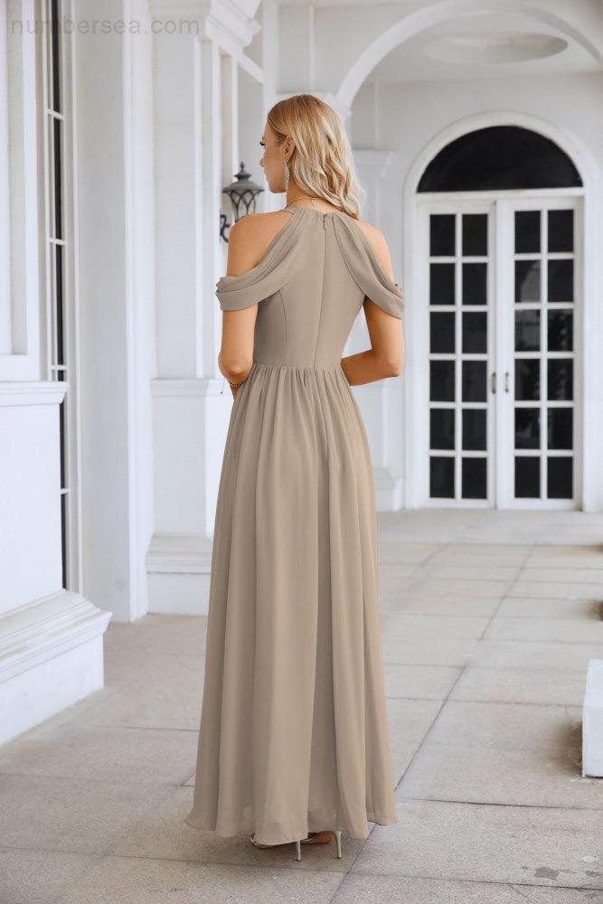 Ladies Chiffon Off Shoulder Swing Sleeve Front Slit Bridesmaid Evening Dress Wedding Party Evening Dress 28117-numbersea