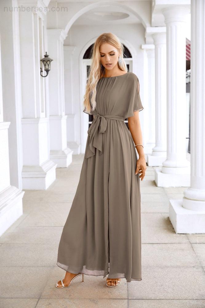 Ladies Chiffon Sleeve Crew Neck Front Slit Floor Length Bridesmaid Evening Dress Wedding Party Evening Dress 28124-numbersea