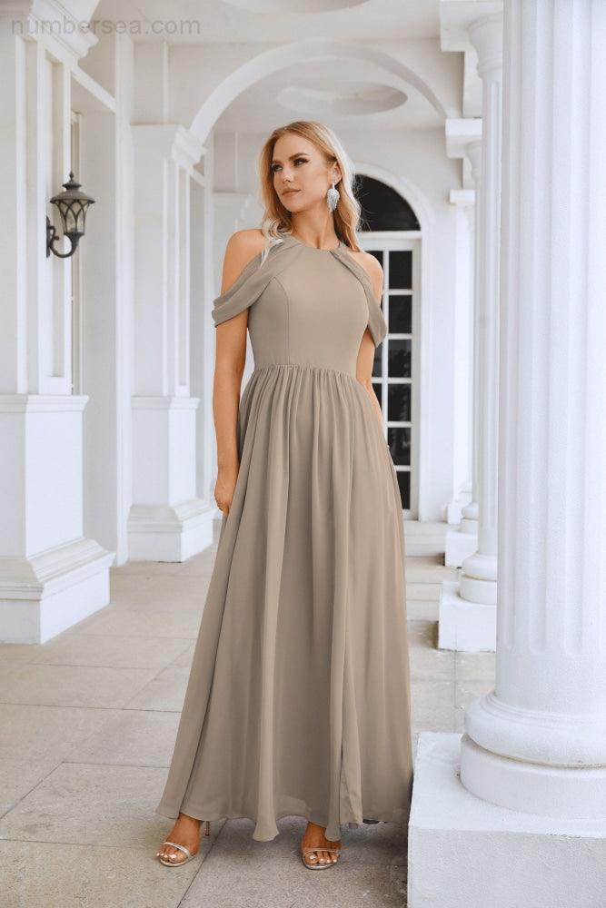 Ladies Chiffon Off Shoulder Swing Sleeve Front Slit Bridesmaid Evening Dress Wedding Party Evening Dress 28117-numbersea