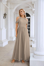 Ladies Chiffon Off Shoulder Swing Sleeve Front Slit Bridesmaid Evening Dress Wedding Party Evening Dress 28117-numbersea