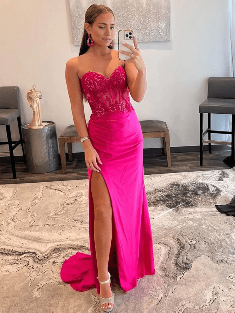 Vestido de fiesta tubo sin tirantes escote corazón largo con abertura