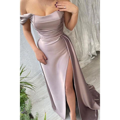 Sheath Off Shoulder Pleated Side Split Long Formal Evening Gown