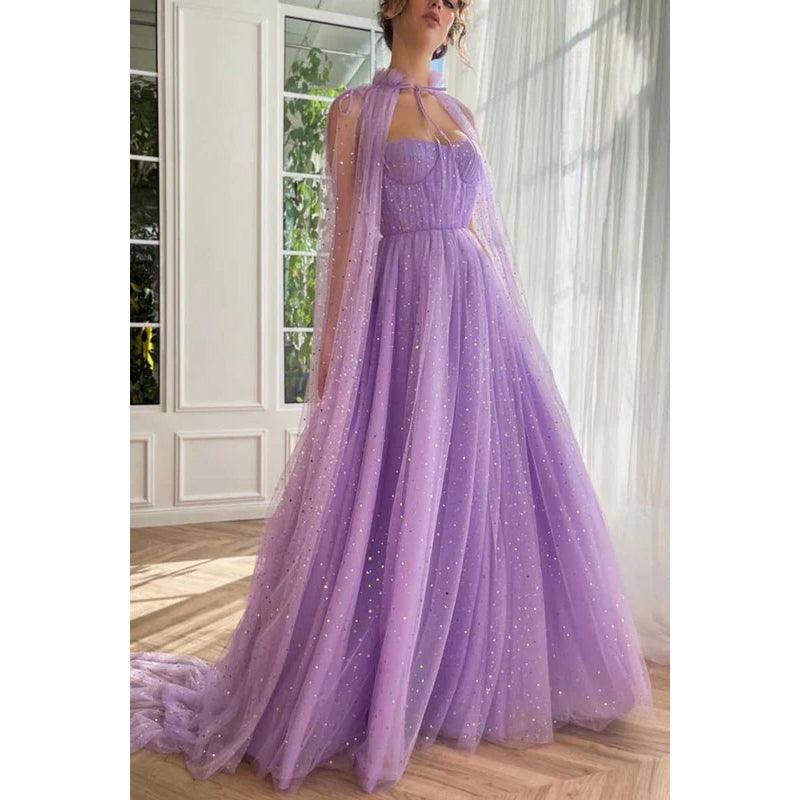Vestido de fiesta largo de tul con escote en forma de A y tirantes finos con chal