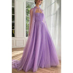 Vestido de fiesta largo de tul con escote en forma de A y tirantes finos con chal