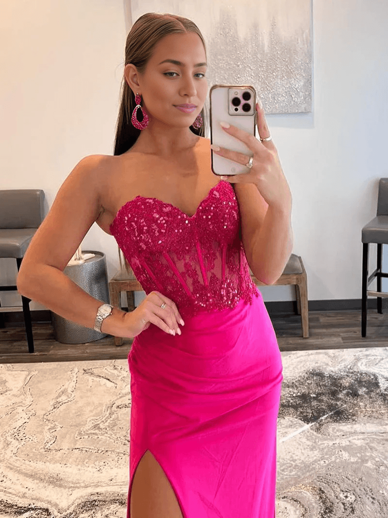 Vestido de fiesta tubo sin tirantes escote corazón largo con abertura