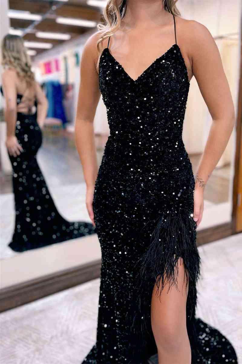 Ballkleid Meerjungfrau V-Ausschnitt Pailletten Lang mit Schlitz