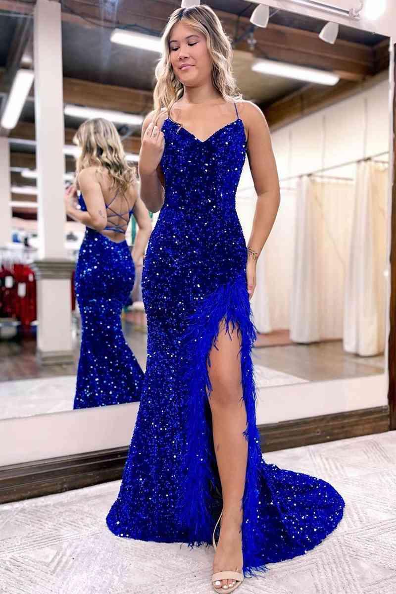 Ballkleid Meerjungfrau V-Ausschnitt Pailletten Lang mit Schlitz