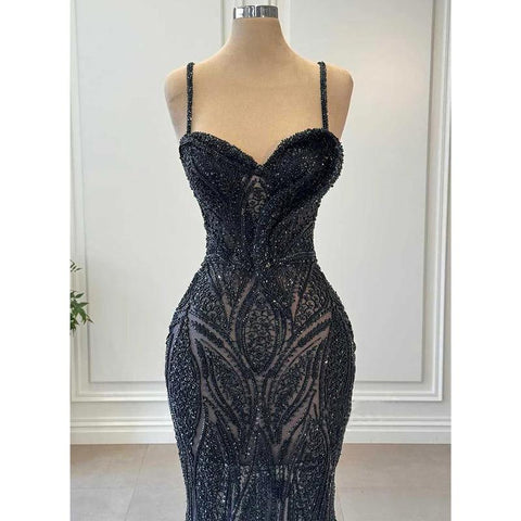 Sweetheart Spaghetti Straps Beaded Sheer Party Prom Evening Dress