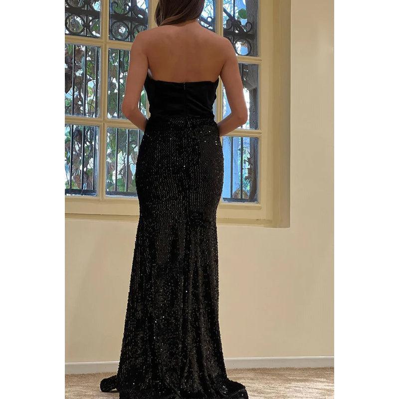 Vestido de noche largo de satén con lentejuelas fruncidas y escote en V sin tirantes para graduación