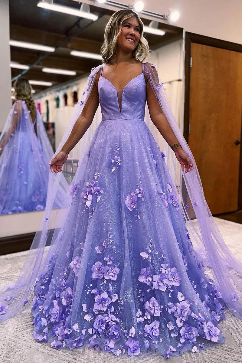 Vestido de fiesta de encaje floral lavanda, corte A, mangas tipo capa, corte A, escote corazón, tul escalonado, largo con abertura