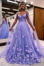 Vestido de fiesta de encaje floral lavanda, corte A, mangas tipo capa, corte A, escote corazón, tul escalonado, largo con abertura