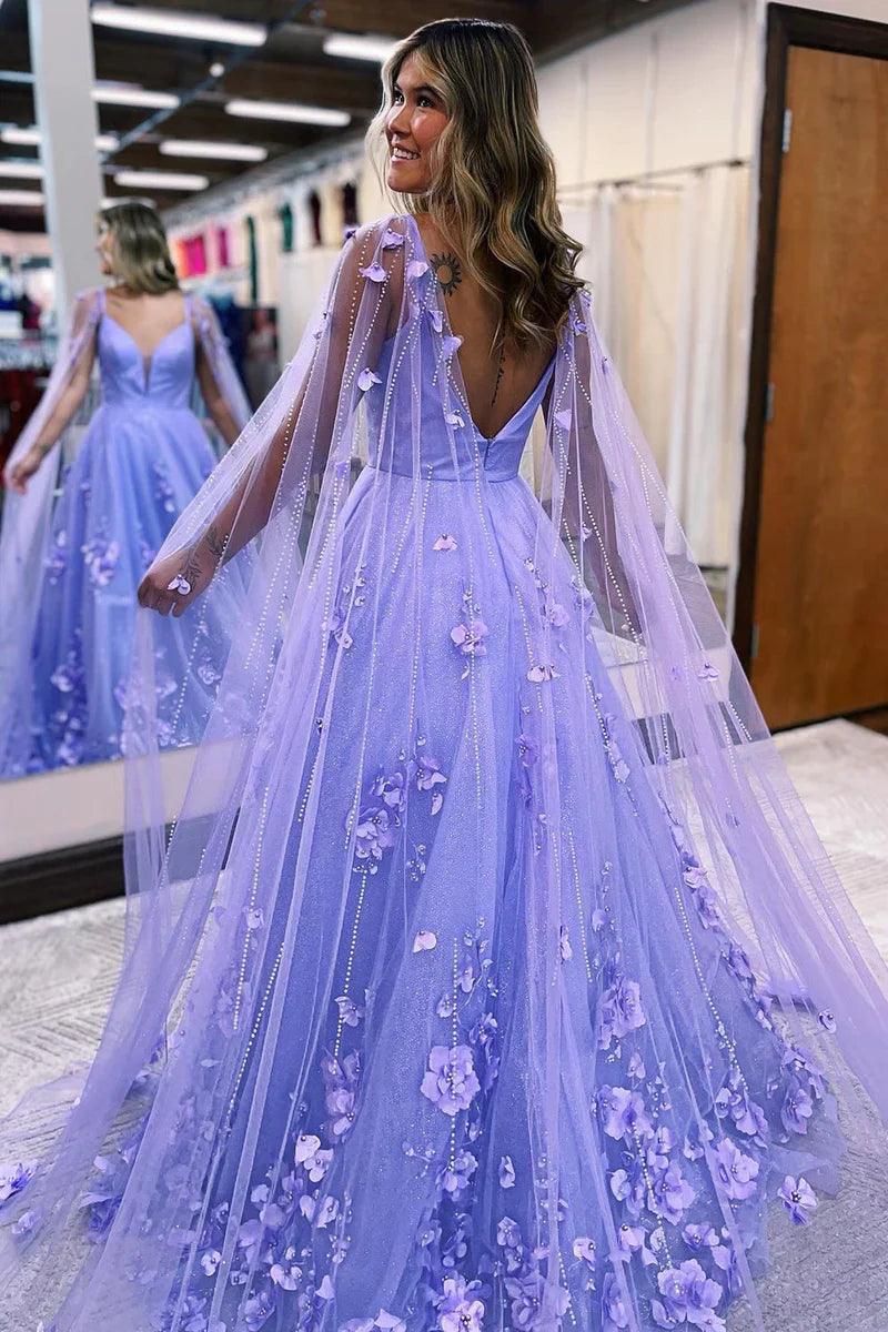 Vestido de fiesta de encaje floral lavanda, corte A, mangas tipo capa, corte A, escote corazón, tul escalonado, largo con abertura