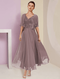 Vestido de madre de la novia de dos piezas, corte A, para invitada de boda formal, elegante, escote en V, largo hasta la rodilla, encaje, manga corta, cruzado, incluido, con pliegues y apliques