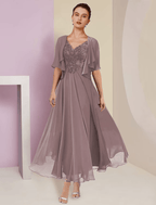Vestido de madre de la novia de dos piezas, corte A, para invitada de boda formal, elegante, escote en V, largo hasta la rodilla, encaje, manga corta, cruzado, incluido, con pliegues y apliques