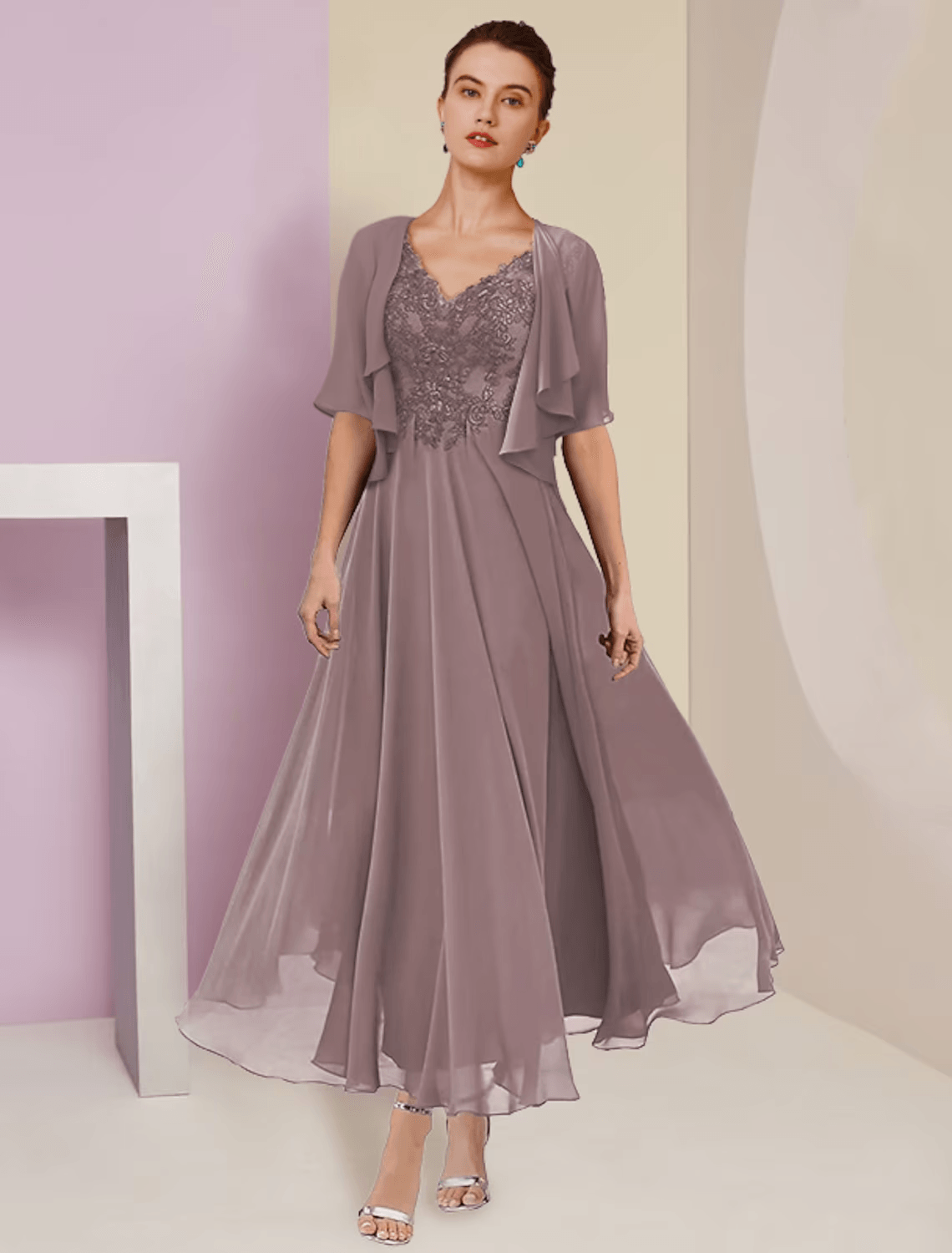 Vestido de madre de la novia de dos piezas, corte A, para invitada de boda formal, elegante, escote en V, largo hasta la rodilla, encaje, manga corta, cruzado, incluido, con pliegues y apliques
