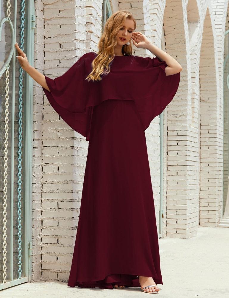 Numbersea Bridesmaid Dress Women Long Sleeve V-Neck Chiffon Formal Wedding Party 28018 Burgundy