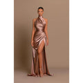 Unique High Neckline Pleats High Split Long Prom Formal Dress