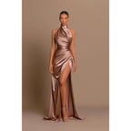 Unique High Neckline Pleats High Split Long Prom Formal Dress