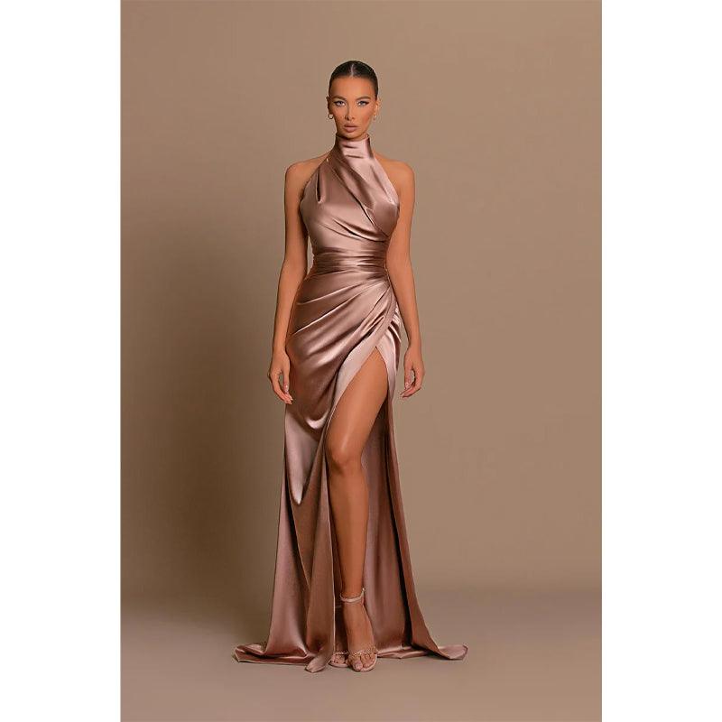Unique High Neckline Pleats High Split Long Prom Formal Dress