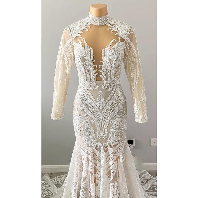 Vestido de fiesta estilo sirena americana con escote alto, apliques de lentejuelas y mangas largas 