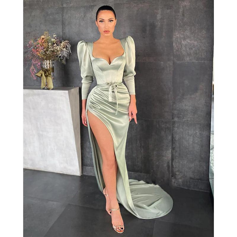 Sexy V-neck Pleats Side Slit Long Sleeves Formal Evening Gowns