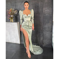 Sexy V-neck Pleats Side Slit Long Sleeves Formal Evening Gowns