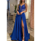 Vestido largo formal de fiesta con escote en V pronunciado y apliques con abertura 