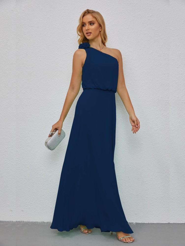Ruffled One Shoulder Sleeveless Long Bridesmaid Dresses A-line Formal Evening Gown Side Split 28080-numbersea