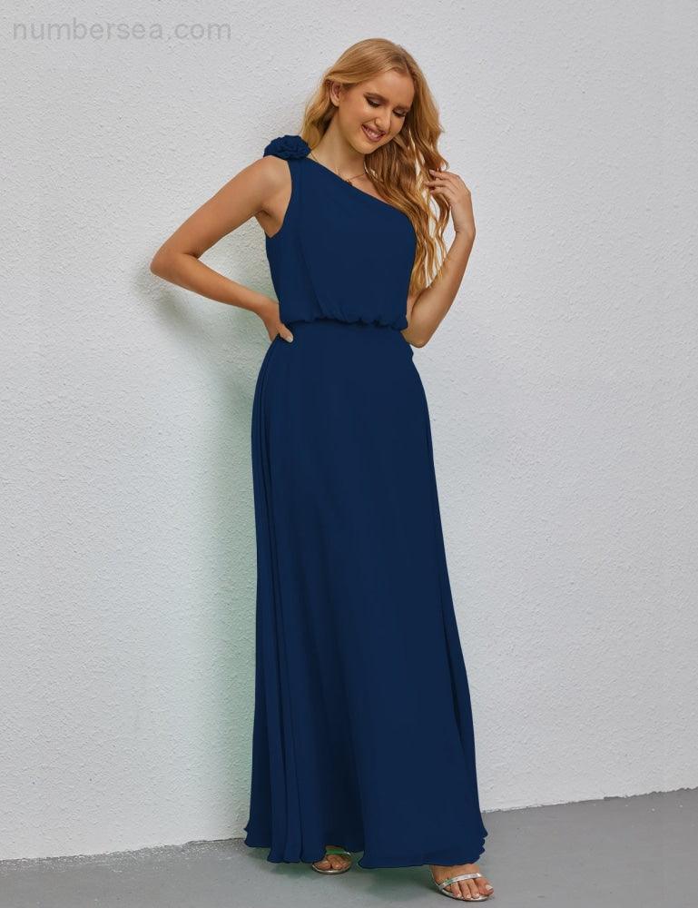 Ruffled One Shoulder Sleeveless Long Bridesmaid Dresses A-line Formal Evening Gown Side Split 28080-numbersea
