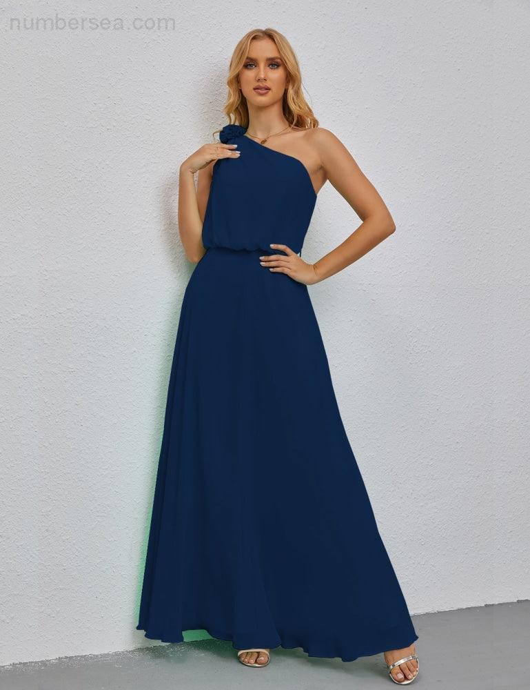 Ruffled One Shoulder Sleeveless Long Bridesmaid Dresses A-line Formal Evening Gown Side Split 28080-numbersea